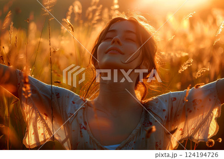 Beautiful woman in dress standing with arms outstretched in flower field at sunset generative ai 124194726