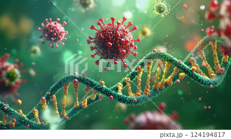 DNA helix and coronavirus particles on dark background in abstract biological illustration style DNA helix and coronavirus particles on dark background in abstract biological illustration style 124194817