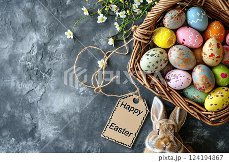 Easter bunny with Easter eggs. Easter festival concept. Generative AI. 124194867