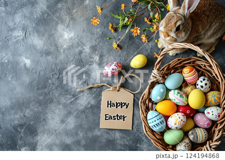 Easter bunny with Easter eggs. Easter festival concept. Generative AI. 124194868