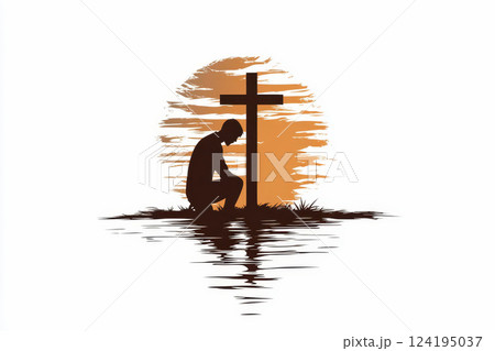 person kneeling and praying in front of the cross. logo design, Generative AI. person kneeling and praying in front of the cross. logo design, Generative AI. 124195037