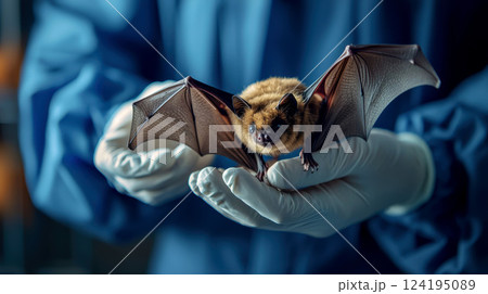 a scientist in a laboratory holding a small bat with gloved hands.HKU5-CoV-2 and Coronavirus concept. 124195089