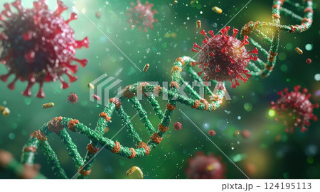 DNA helix and coronavirus particles on dark background in abstract biological illustration style 124195113