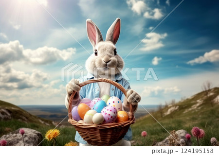 adorable bunny surrounded by vibrant Easter eggs . Generative AI 124195158