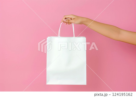 woman Hand holding white Shopping bag for mockup . AI generated image 124195162