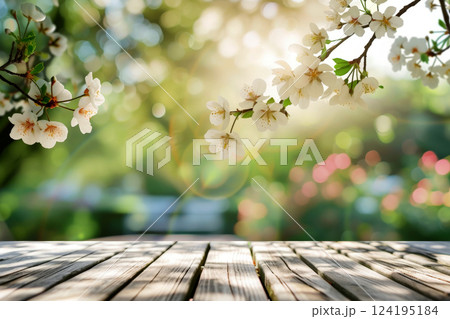 Empty wooden table in spring season with garden bokeh background . AI generated illustration 124195184