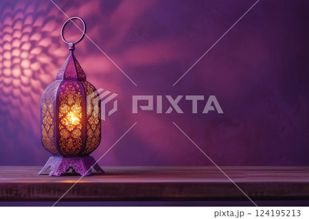 Ramadan lantern with candles on wooden table for mockup ,Ramadan event, ai generative 124195213
