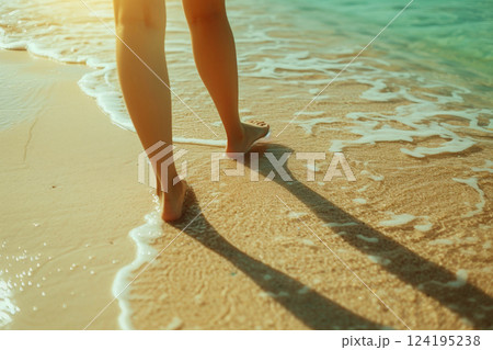 Women's legs on the beach near the sea. Travel concept. AI generated, human enhanced 124195238