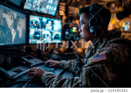 Soldier Command operating at control panel in monitoring war room on war base. Generative AI Soldier Command operating at control panel in monitoring war room on war base. Generative AI 124195381