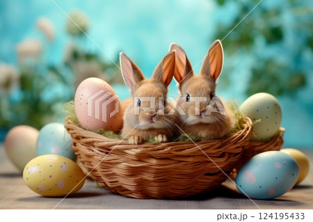 adorable bunny surrounded by vibrant Easter eggs . Generative AI 124195433
