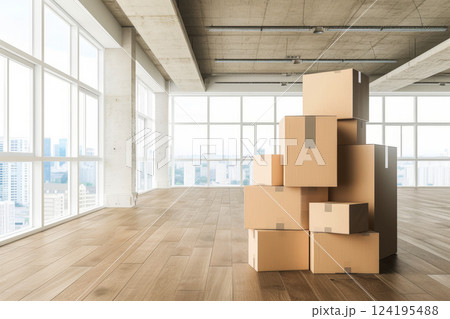 New Office with Cardboard Boxes, Packed Belongings, Moving and Storage Solutions.AI generative 124195488