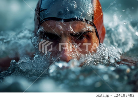 Triathlon fitness athlete in a gym wave pool. swimming training .Generative AI. 124195492