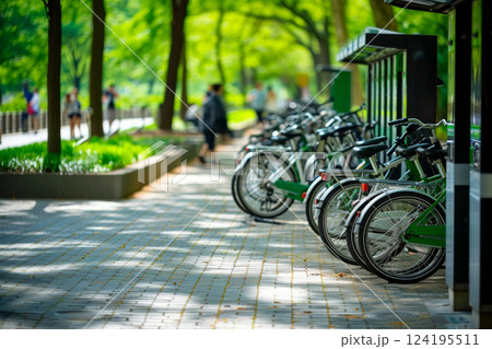 Bike sharing system, many yellow city bikes parked. Healthy ecology urban transportation.AI generative Bike sharing system, many yellow city bikes parked. Healthy ecology urban transportation.AI generative 124195511