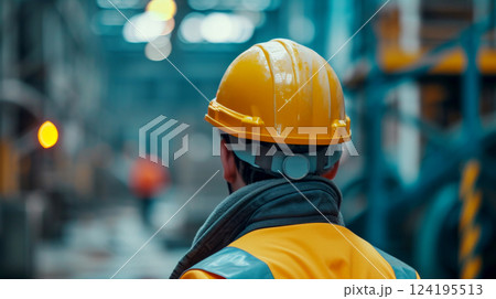 Back view of engineer with helmet looking up at site .Generative Ai Back view of engineer with helmet looking up at site .Generative Ai 124195513