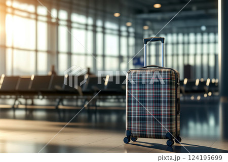 A modern suitcase stands alone in a brightly lit train station, waiting for its owner to return. 124195699