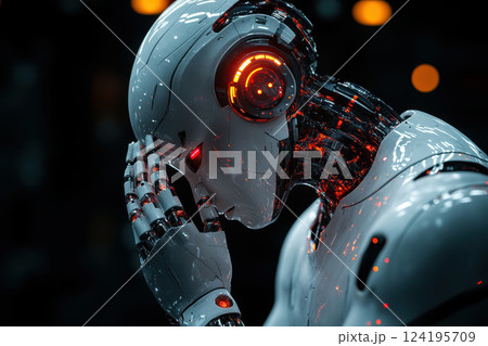 Humanoid robot thinking against a isolated background with copy space. burnout and tired with an exhausted feeling overworked concept. Humanoid robot thinking against a isolated background with copy space. burnout and tired with an exhausted feeling overworked concept. 124195709