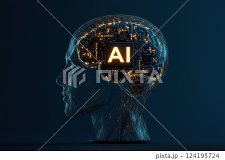 digital human brain with glowing neural network and AI text, symbolizing artificial intelligence, machine learning, and futuristic technology in deep blue cyber environment. 124195724