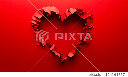 a rainbow heart shape made from torn paper. The heart is red. The flag is made of paper and has a rainbow pattern. 124195837