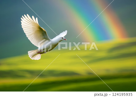 A white dove flies over a mountain range with a rainbow in the sky. 124195935