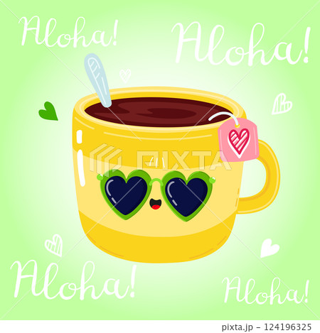 A cheerful Yellow Tea Cup sports heart sunglasses and offers a warm Aloha greeting on light green 124196325