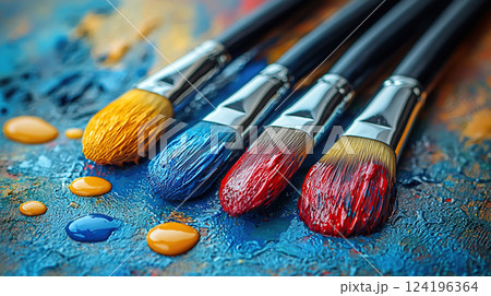 A vibrant array of paintbrushes rests on a colorful palette, ready to create stunning artwork. 124196364