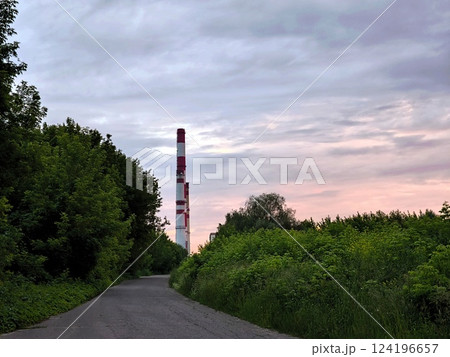 The pipes of the power plant on a country forest road. Evening 124196657