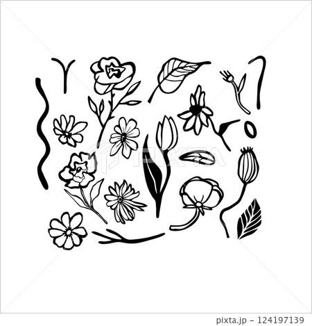 Hand-drawn abstract floral doodle set. Vector illustration. Isolated on white background.  124197139