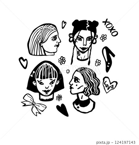 Hand drawn set of women in doodle style. Vector illustration. Hand drawn set of women in doodle style. Vector illustration. 124197143