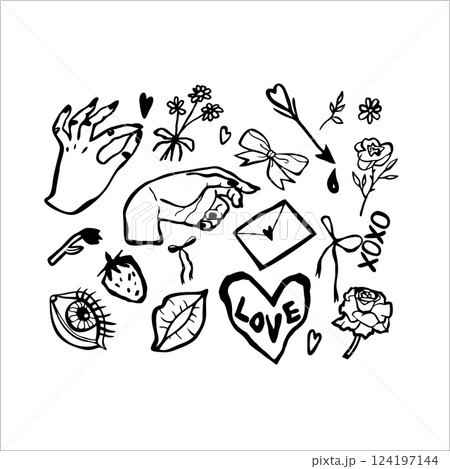 Hand drawn doodle set of love symbols. Hand drawn doodle set of love symbols. 124197144