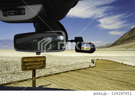Dashcam car camera view of Badwater Basin, Death Valley, USA 124197451