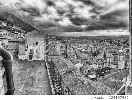 Aerial view of Piazza Grande, main square in Gubbio, Italy 124197485