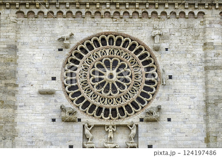 Rose window of the medieval Cathedral of Assisi, Italy 124197486