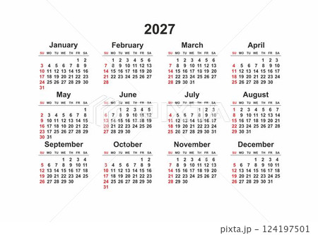 2027 Sunday Start Horizontal Black and White Red Calendar Template, Simple layout of pocket or wall calendars. Yearly Stationery organizer in minimal design 2027 Sunday Start Horizontal Black and White Red Calendar Template, Simple layout of pocket or wall calendars. Yearly Stationery organizer in minimal design 124197501