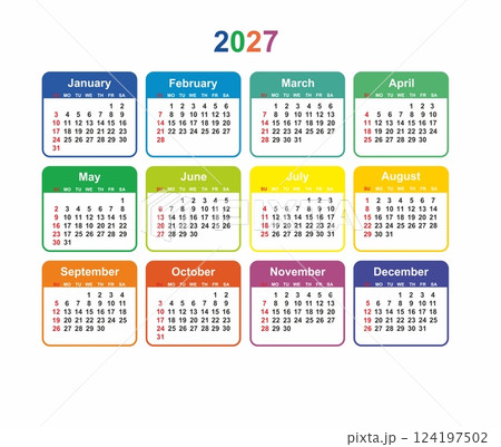 Calendar grid 2027 colorful vector Simple layout of pocket or wall calendar, Sunday Start Horizontal colorful calendar 124197502