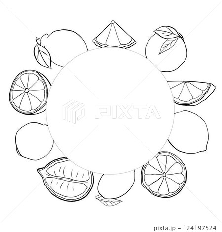 Lemon whole and slices circle round frame. Summer exotic and tropic background design. Vector graphic line ink black and white universal card with place for text. Lemon whole and slices circle round frame. Summer exotic and tropic background design. Vector graphic line ink black and white universal card with place for text. 124197524