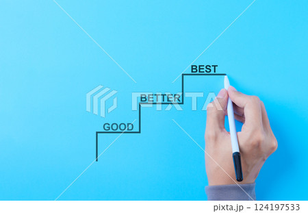 Good to better to best improvement concept. A hand draws steps "Good," "Better," and "Best", symbolizing progress, improvement, and personal or professional growth through incremental advancements. 124197533