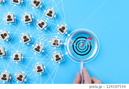 CRM, customer relationship management concept. Customer profile icons connected to target customer relationship management and targeted marketing strategies. Community online network technology, 124197534
