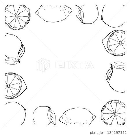 Lemons whole and slices square frame. Black and white template with citrus fruits. Vector graphic line ink illustration with empty space for text. Design for card or banner 124197552