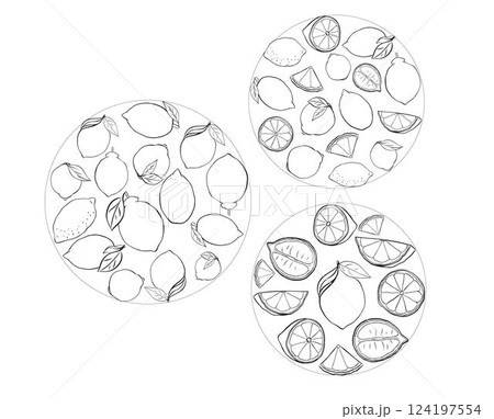 Lemons with leaves circle round composition set. Vector Graphic line ink black and white hand made illustration. Food preparation and kitchenware. For logo, web, package, sticker. 124197554