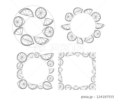 Lemon slice circle round frame set vector drawing. Citrus fruit circle and square label template. graphic line ink black and white illustration for packaging, tea, juice, natural cosmetics, lemonade Lemon slice circle round frame set vector drawing. Citrus fruit circle and square label template. graphic line ink black and white illustration for packaging, tea, juice, natural cosmetics, lemonade 124197555