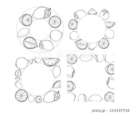 Lemons whole and slices square and circle round frame set. Vector graphic line ink black and white illustration with empty space for text. Sample poster, party invitation, holiday banner, postcard. Lemons whole and slices square and circle round frame set. Vector graphic line ink black and white illustration with empty space for text. Sample poster, party invitation, holiday banner, postcard. 124197556