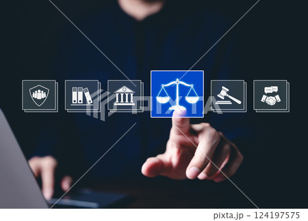 Legal Professional with Justice Icons. A suited legal professional touches virtual icons symbolizing law, justice, and legal services. business legislation, Notary public, legal advice online, Lawyer, Legal Professional with Justice Icons. A suited legal professional touches virtual icons symbolizing law, justice, and legal services. business legislation, Notary public, legal advice online, Lawyer, 124197575