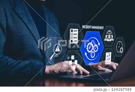 Incident Management and Business Process Technology Concept. virtual incident management icons, diagnosing and resolving unexpected problems that arise. process automation, problem resolution, risk 124197595