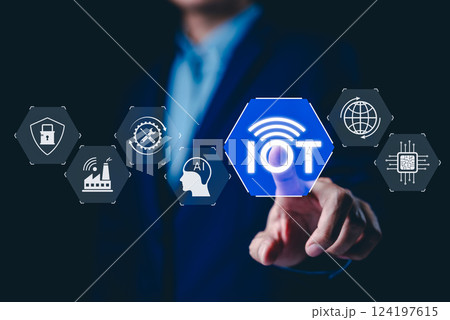 IoT Technology and Wireless Connectivity Concept. Internet of Things, Businessman touching on IoT interface with icons AI, global networking, industrial automation, cybersecurity solutions, smart home 124197615