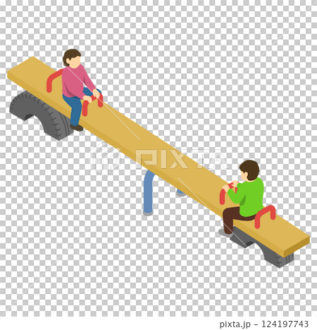 Isometric illustration: Children playing on a seesaw 124197743