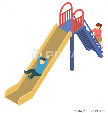 アイソメトリックイラスト：滑り台で遊ぶ子ども 124197747