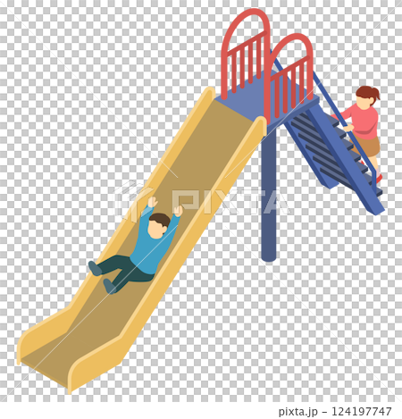 アイソメトリックイラスト：滑り台で遊ぶ子ども 124197747