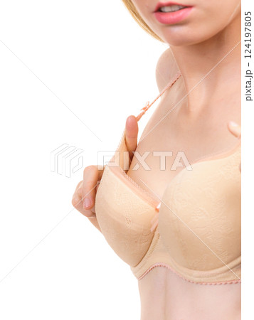 Female wearing too big bra 124197805