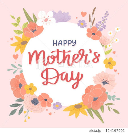 Happy mothers day floral frame greeting card. Vector banner template with flowers and lettering 124197901