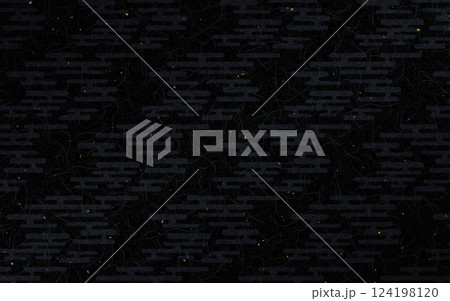 シームレスな和柄和紙に金箔のパターン。黒地、エ霞模様。 124198120